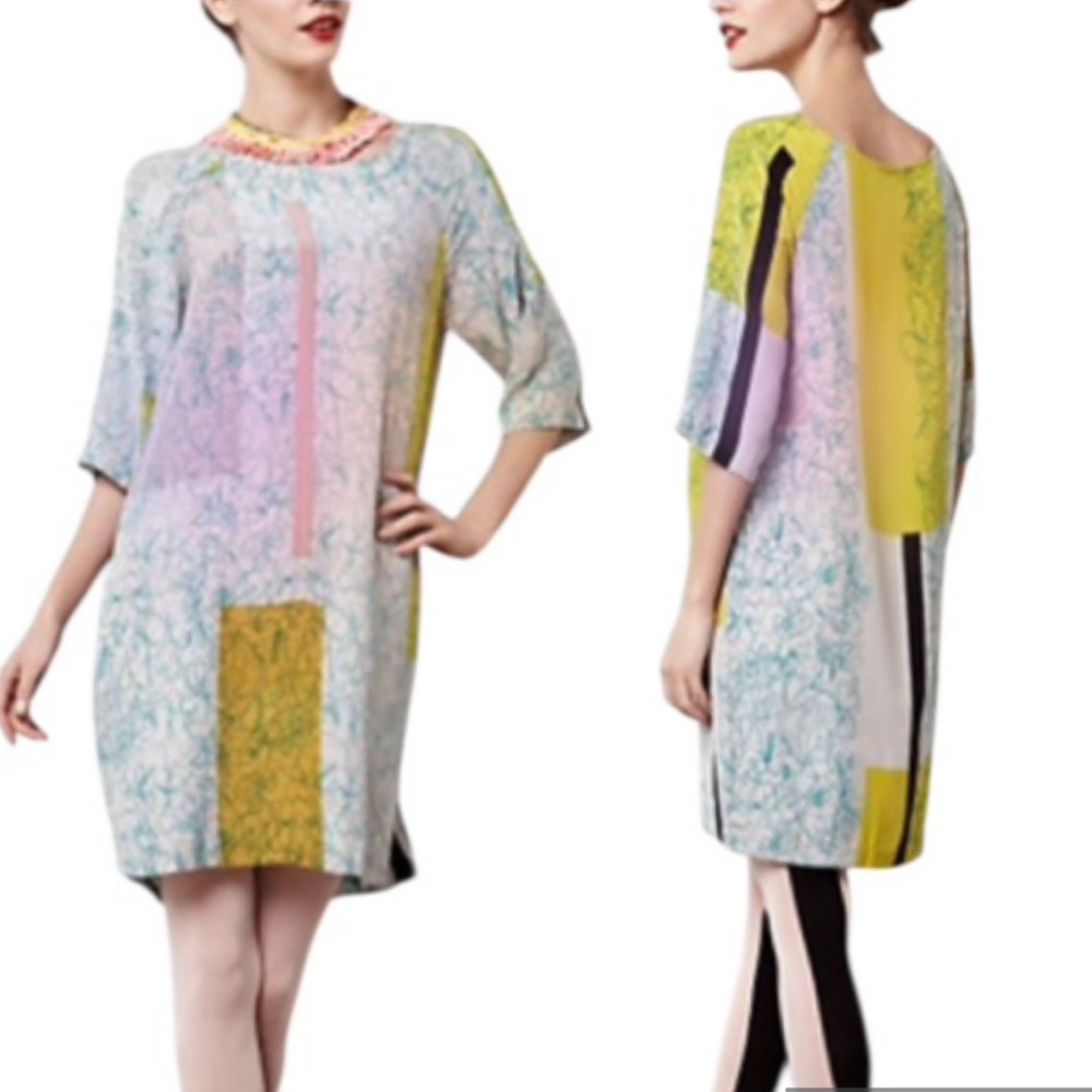 Anthropologie x H by Helen Bullock Petra Silk Floral Colorblock Print Dress - 10